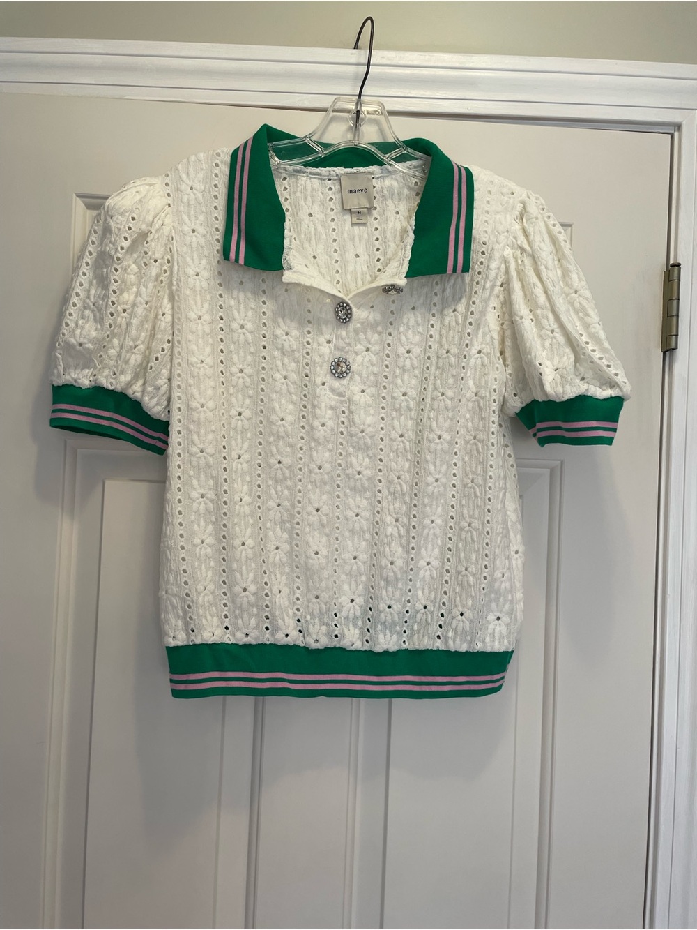 Maeve White Eyelet Polo with Green & Pink Trim
